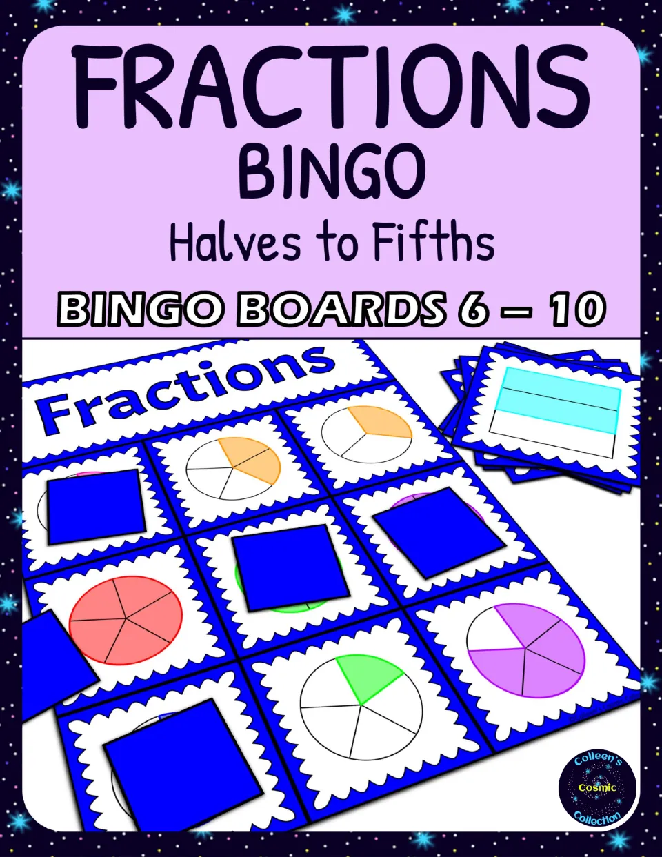 Fractions Bingo cover, Halves to Fifths, Bingo Boards 6-10, showing a fraction circle board with cover squares and cards