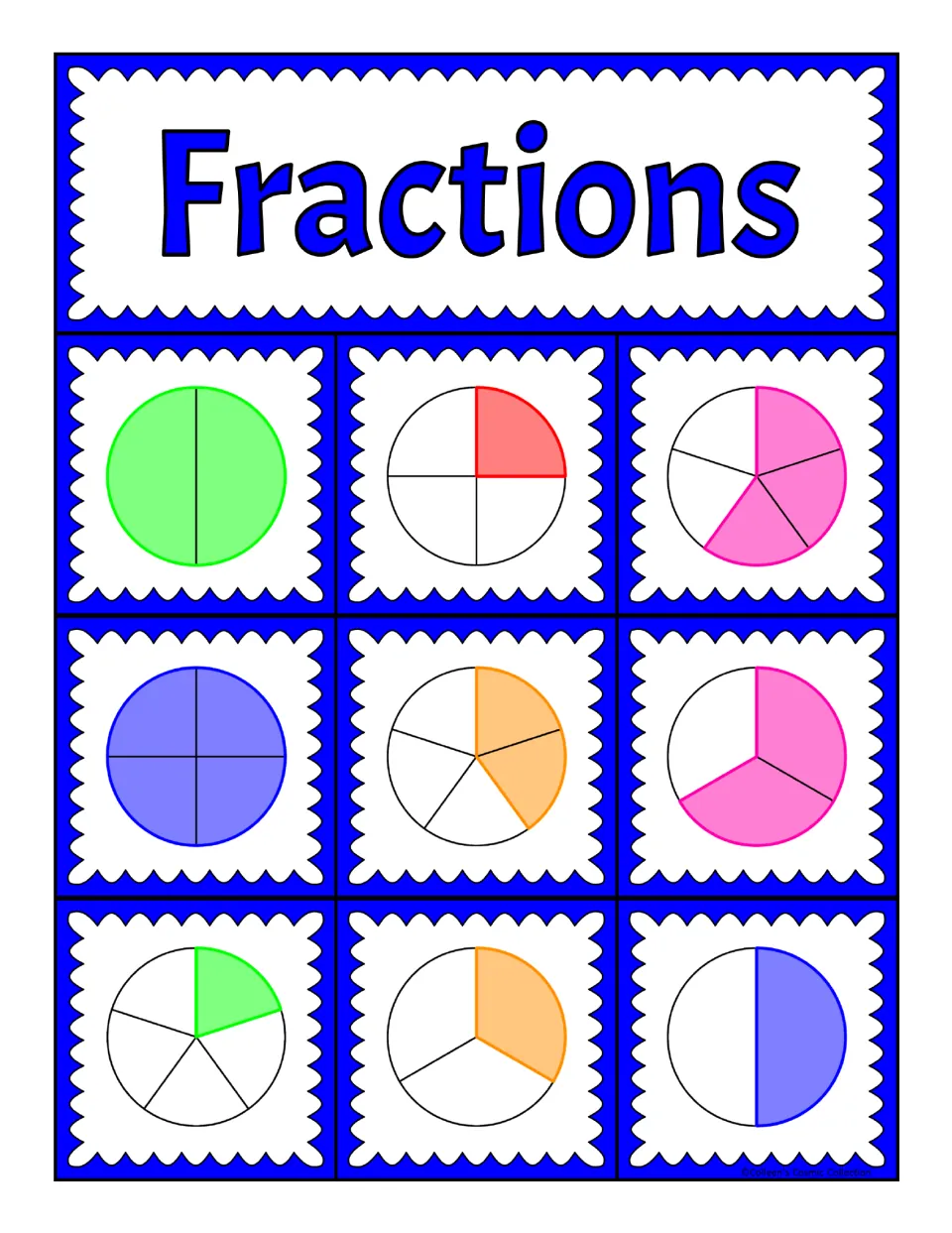 Bingo board of shaded fraction circles: students match called cards to 1/4, 3/5, 2/5, 2/3, 1/5, 1/3, 1/2 and whole circles