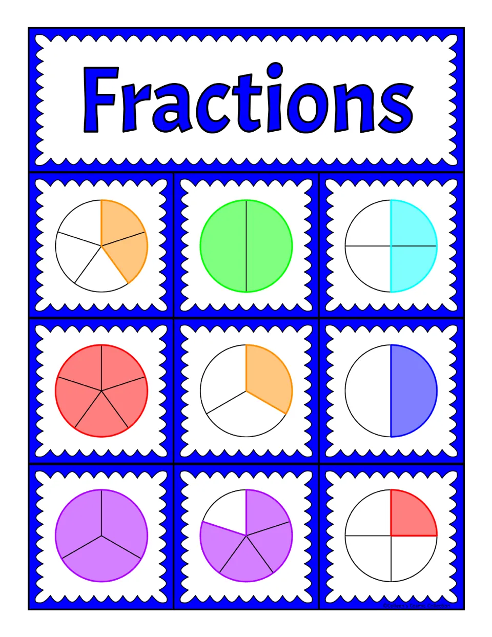 Fraction recognition bingo board: students cover circles shaded 2/5, 2/4, 1/3, 1/2, 4/5, 1/4 and three wholes