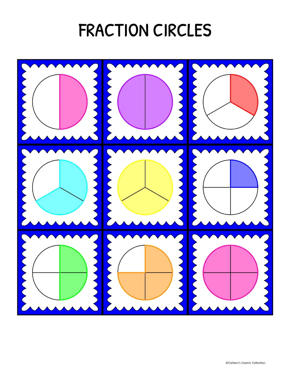 Fraction circles cards to cut out: circles shaded 1/2, 2/2, 1/3, 2/3, 3/3, 1/4, 2/4, 3/4 and 4/4 for drawing and calling