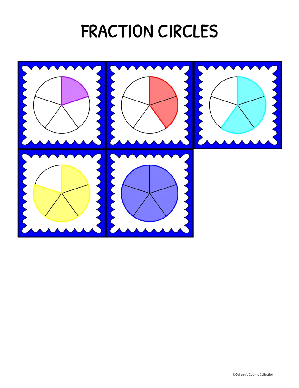Fifths fraction circle cards to cut out, shaded 1/5, 2/5, 3/5, 4/5 and 5/5, completing the set of cards for calling