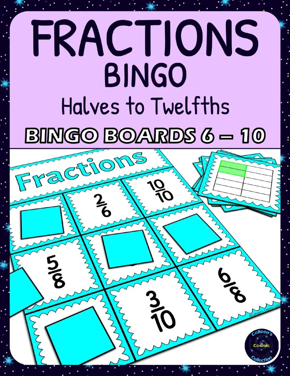 Fractions Bingo cover, Halves to Twelfths, Bingo Boards 6-10: a board of fraction symbols with squares and calling cards