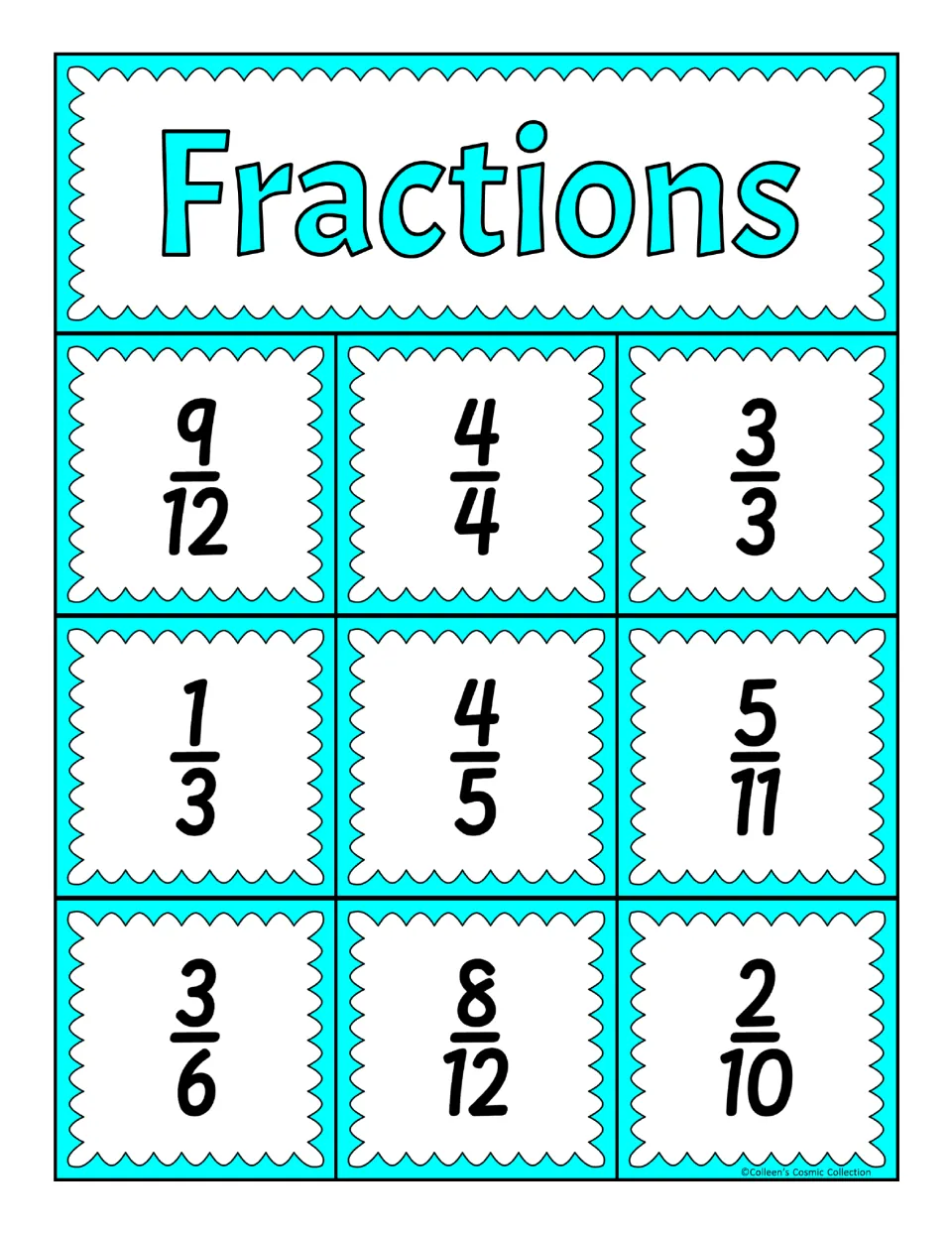 Fraction bingo board: students cover symbols that match calling cards, including 9/12, 4/4, 1/3, 4/5, 5/11 and 2/10