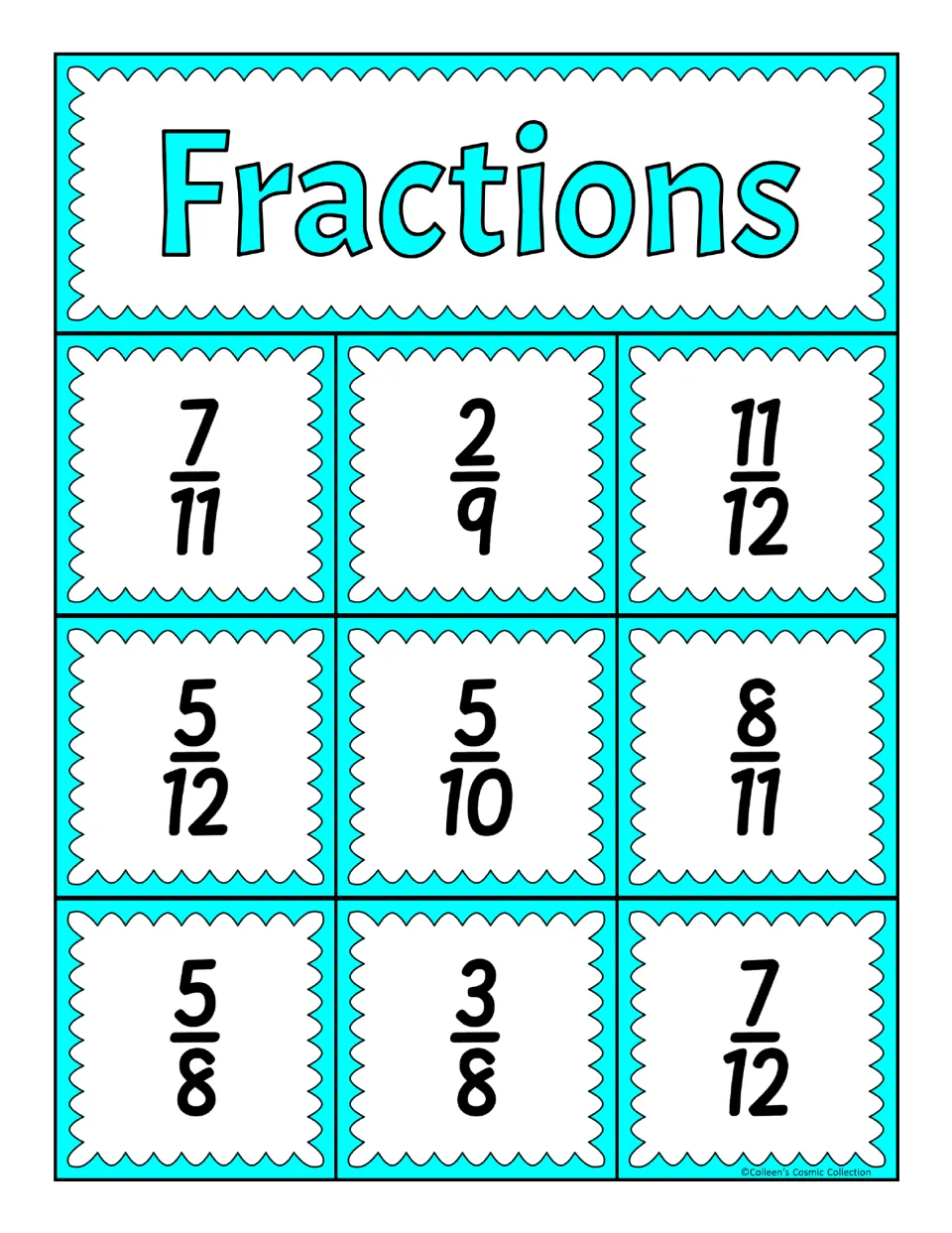 Fraction bingo board with 7/11, 2/9, 11/12, 5/12, 5/10, 8/11, 5/8, 3/8 and 7/12 for students to match and cover