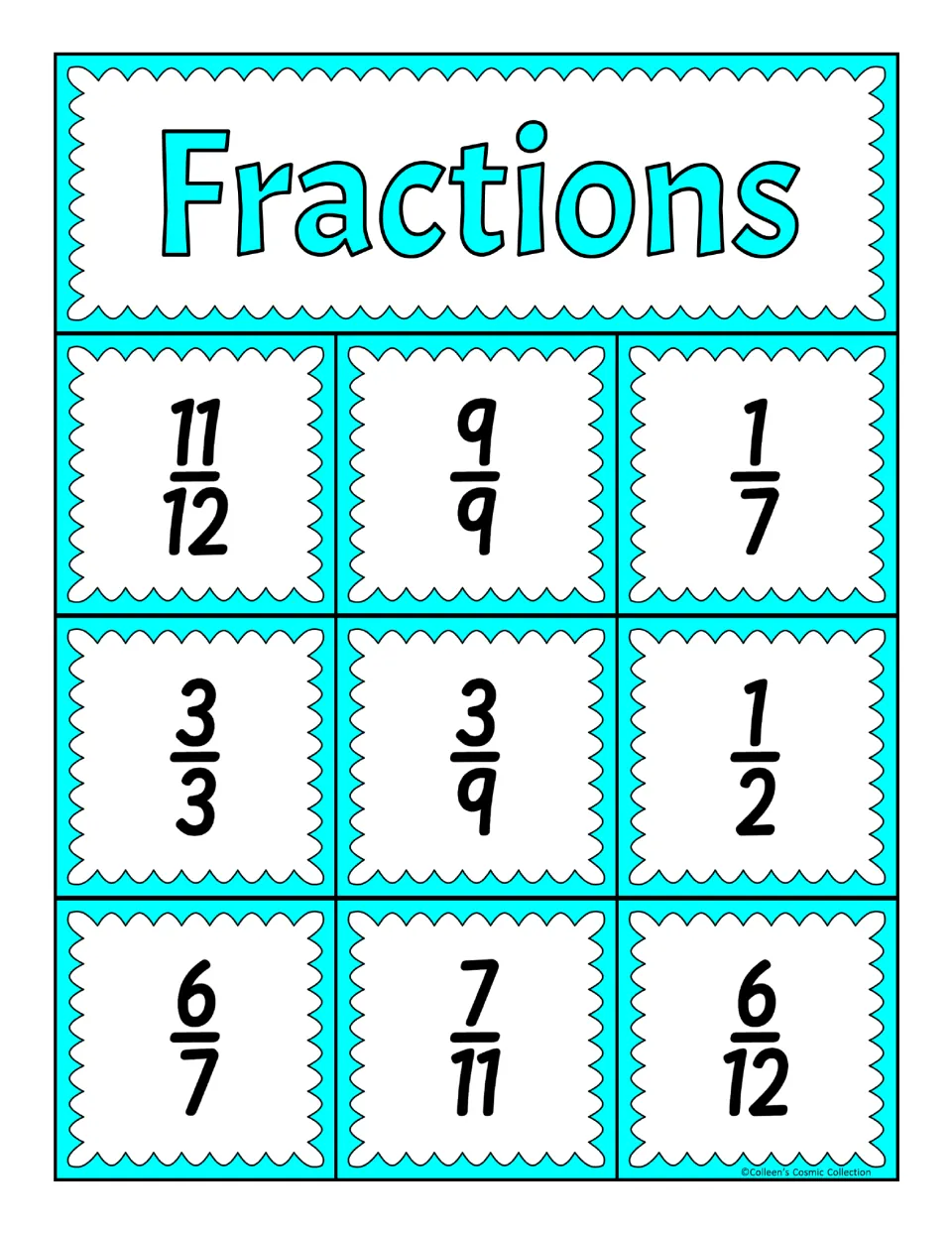 Fraction bingo board listing 11/12, 9/9, 1/7, 3/3, 3/9, 1/2, 6/7, 7/11 and 6/12; students cover the one called out