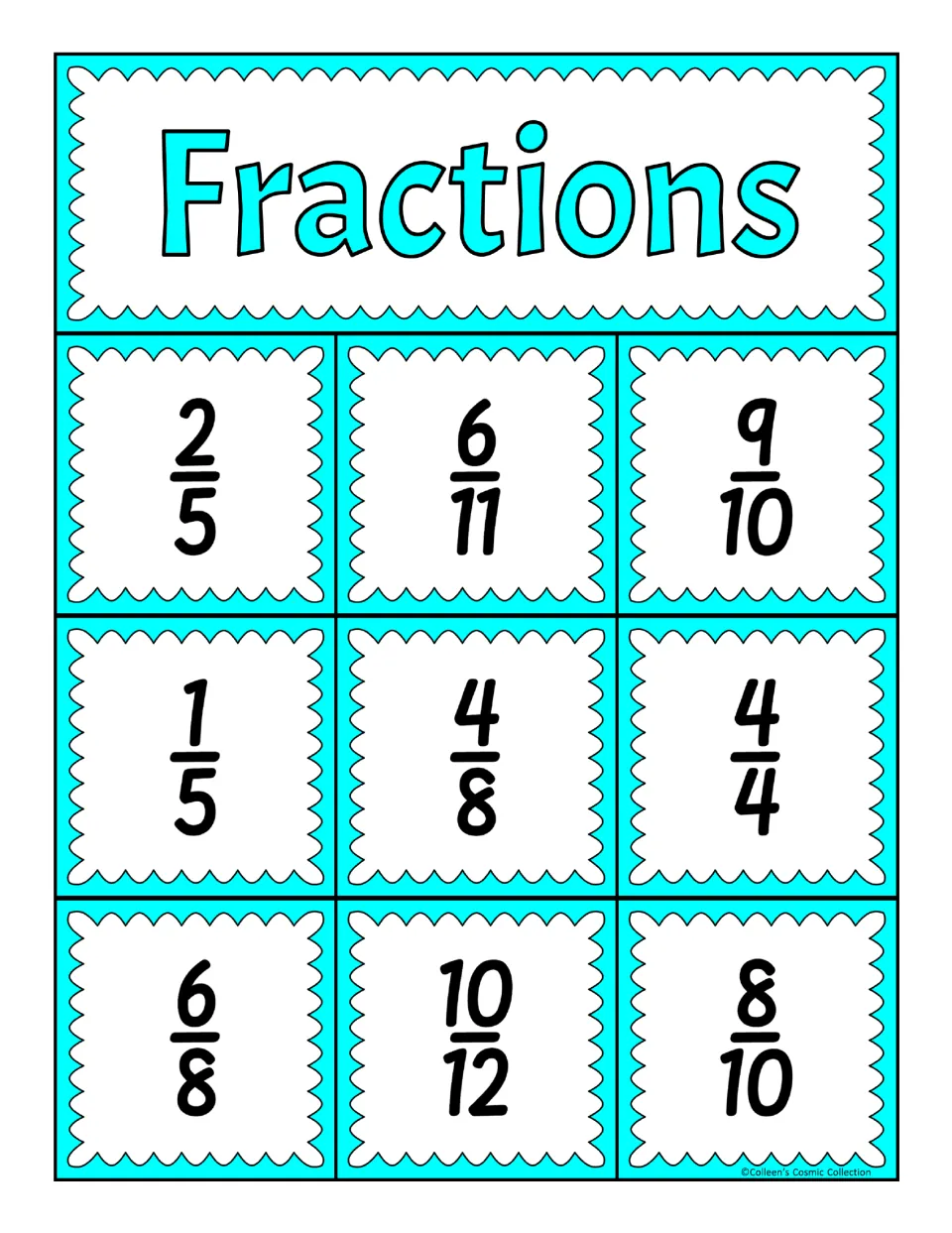 Fraction bingo board of 2/5, 6/11, 9/10, 1/5, 4/8, 4/4, 6/8, 10/12 and 8/10 for matching against drawn calling cards