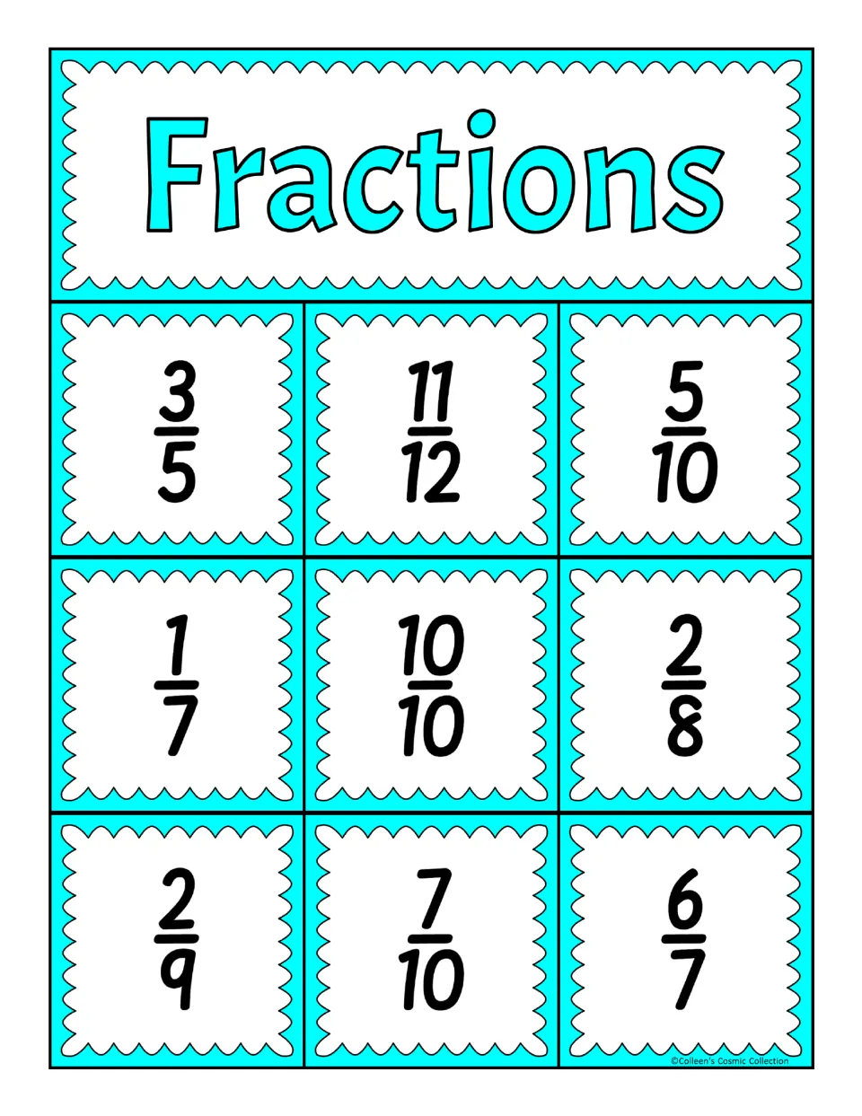 Fraction bingo board showing 3/5, 11/12, 5/10, 1/7, 10/10, 2/8, 2/9, 7/10 and 6/7; students match symbols to calls