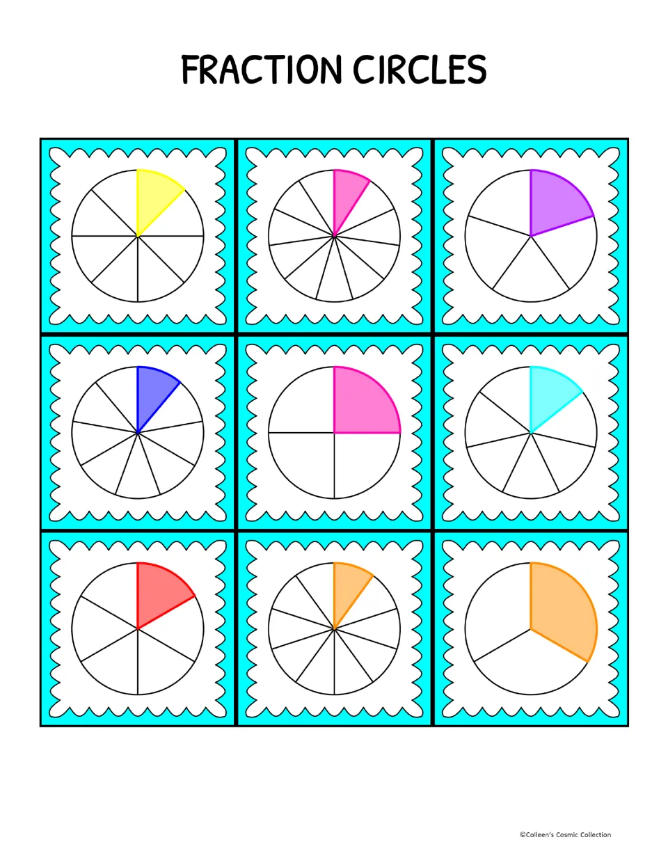 Fraction circles calling cards: nine circles with one part shaded, such as 1/4, 1/5 and 1/3, to read and match to symbols