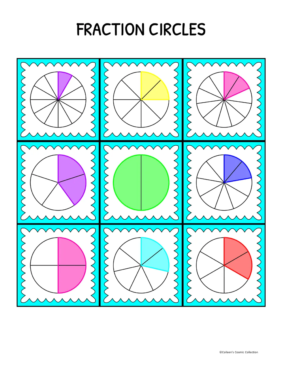 More fraction circle calling cards with two parts shaded, such as 2/4, 2/5 and a whole 2/2, for identifying the fraction
