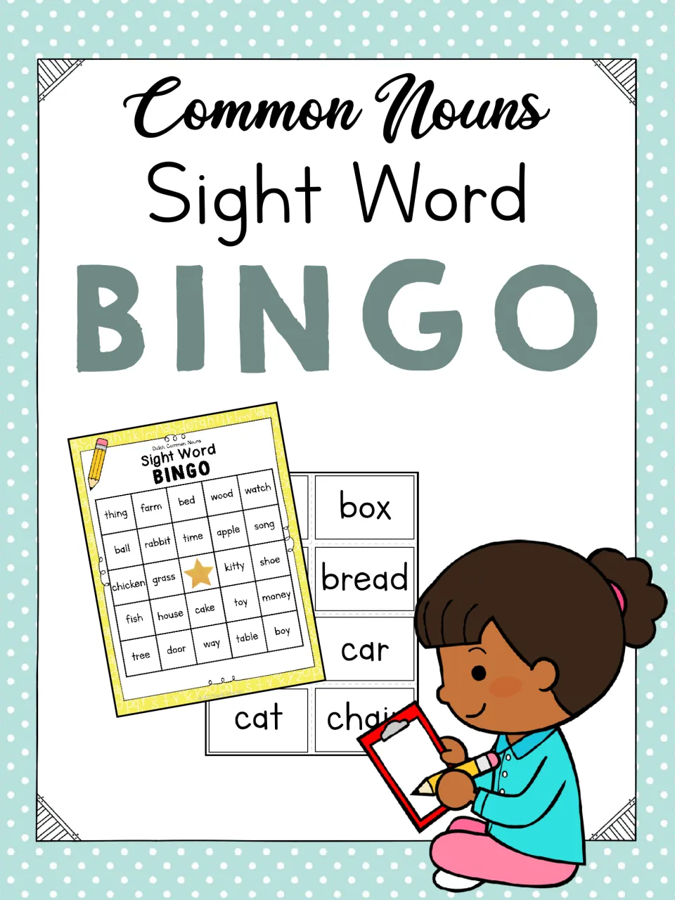 Common Nouns: Sight Word Bingo cover showing a sample student bingo card and teacher word call-out cards