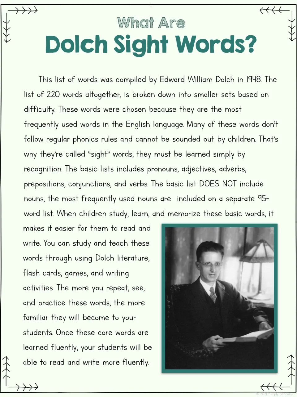 Dolch sight word introduction explains the basic 220-word list and the separate list of 95 common nouns