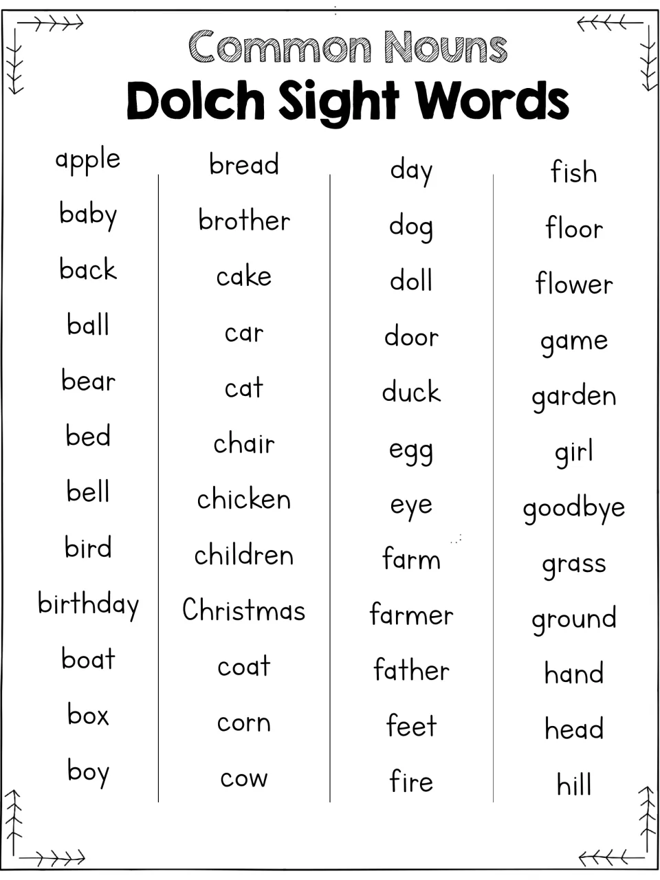 Common noun sight word list, first part: 48 words from apple through hill, including bread, children, and farm