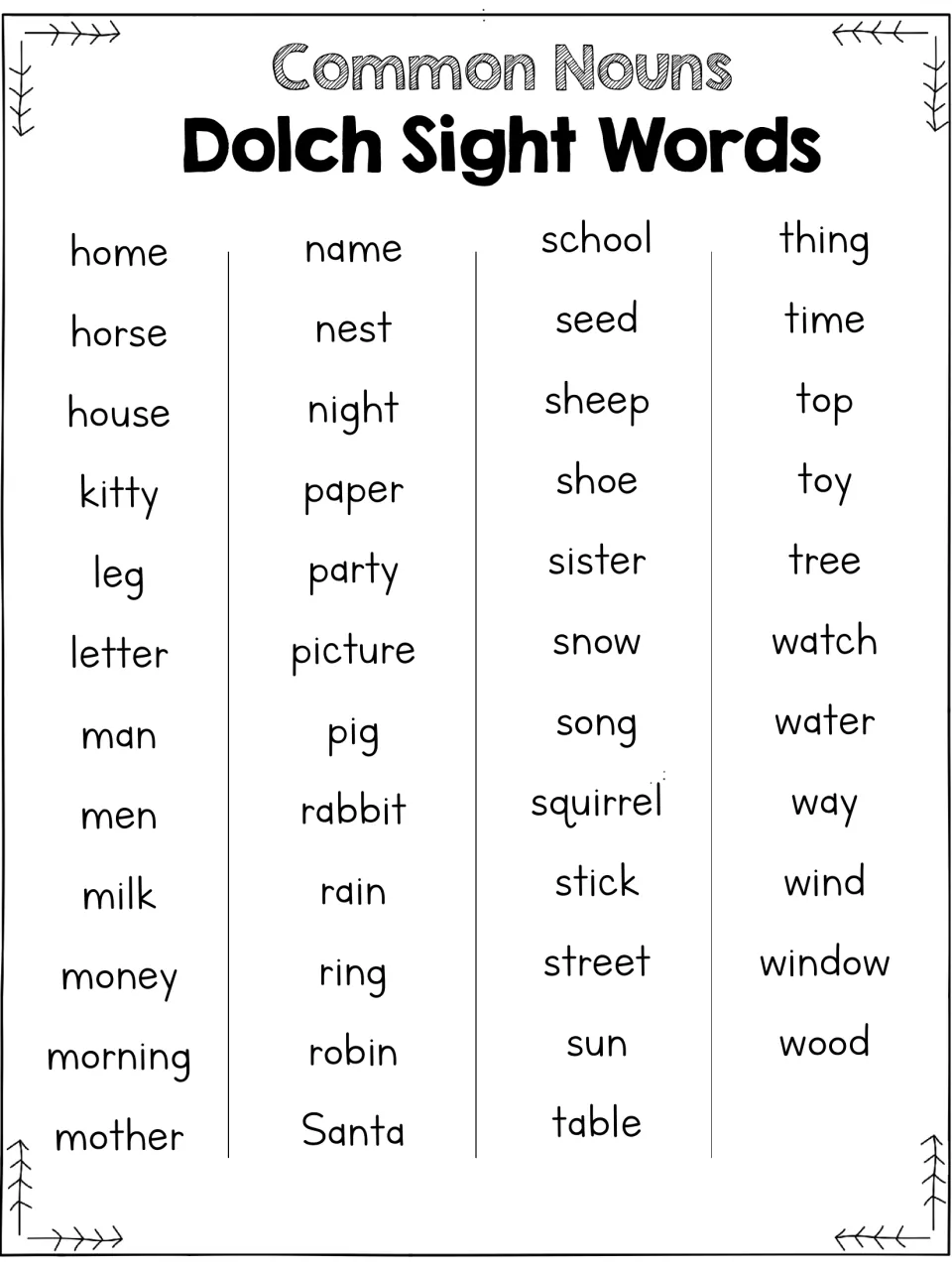 Common noun sight word list, second part: 47 words from home through wood, including mother, school, and tree