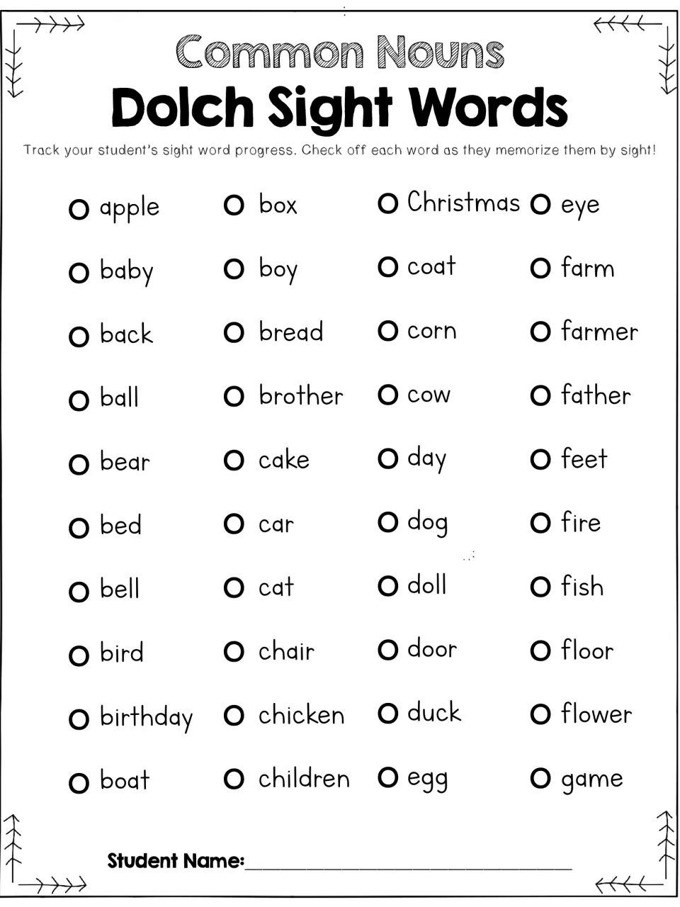 Student progress checklist for 40 common noun sight words from apple through game, with a student name space