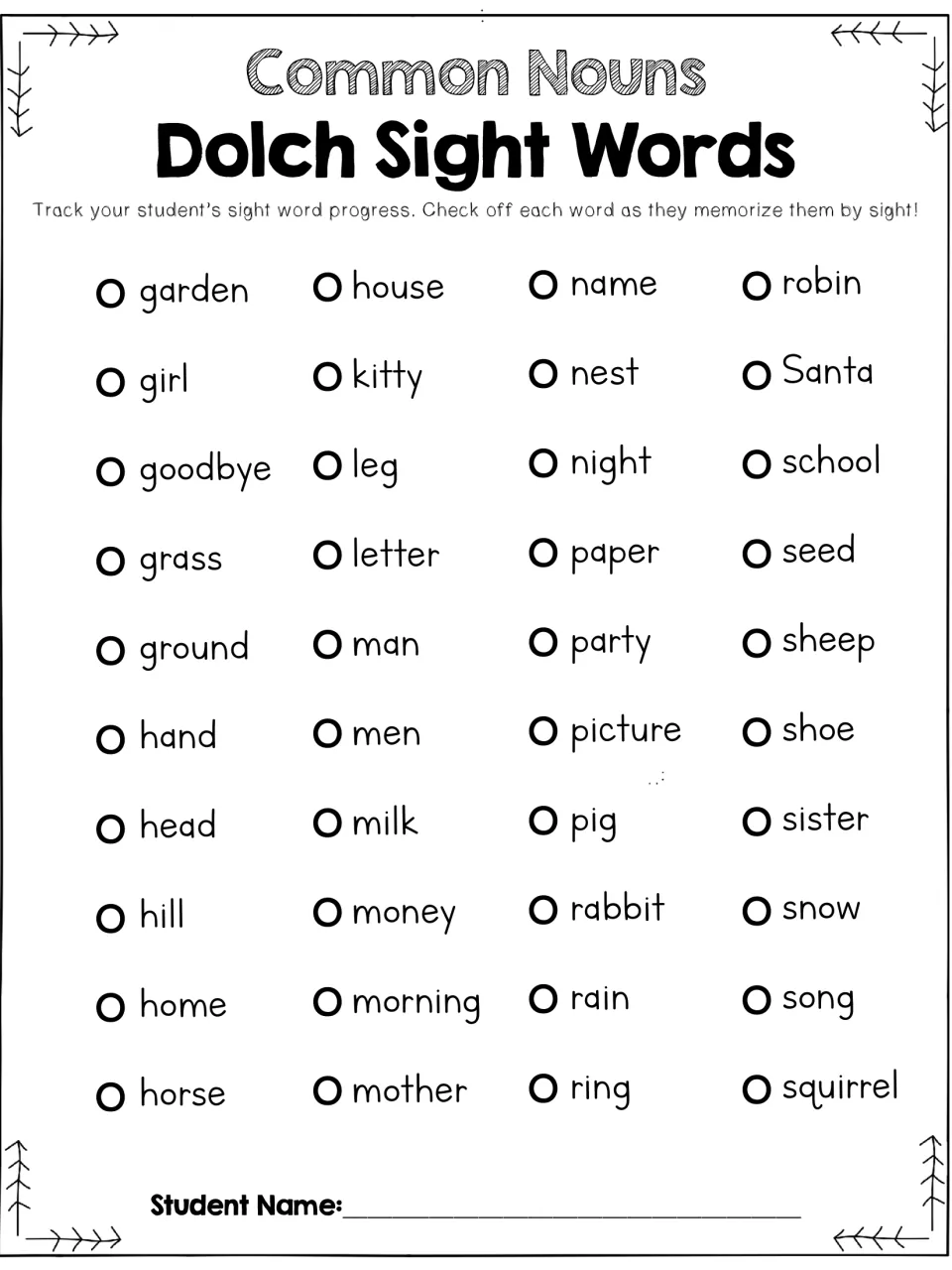 Student progress checklist for 40 common noun sight words from garden through squirrel, including house