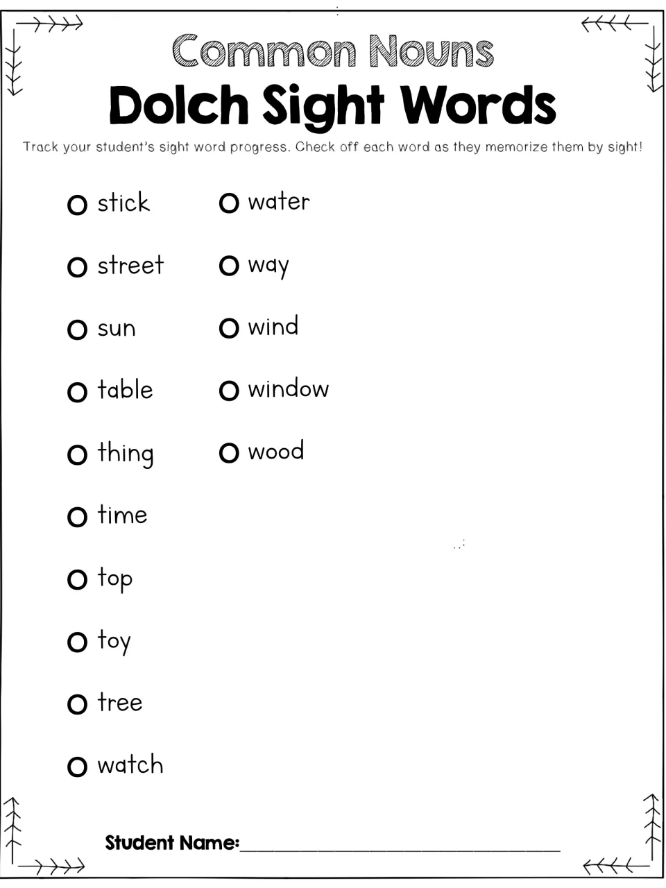 Student progress checklist for the final 15 common noun sight words, from stick through wood, including water