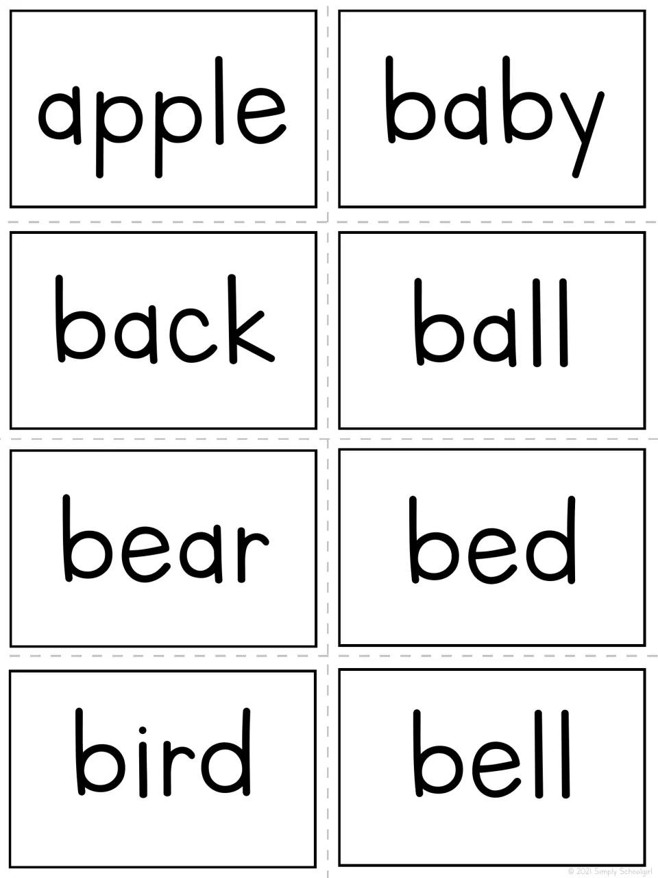 First eight teacher call-out cards for common noun bingo: apple, baby, back, ball, bear, bed, bird, and bell