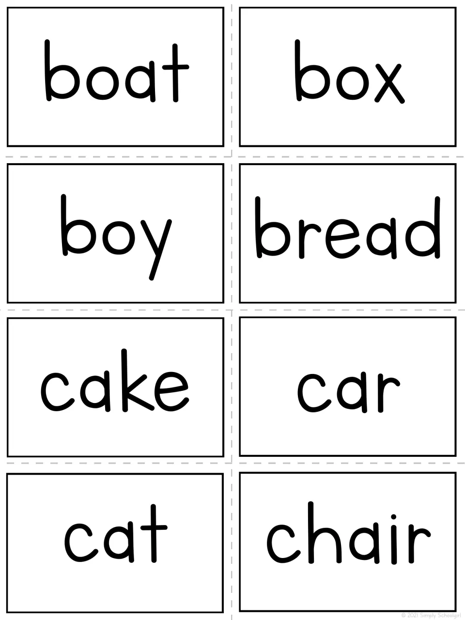 Second set of eight teacher call-out cards for common noun bingo: boat, box, boy, bread, cake, car, cat, and chair
