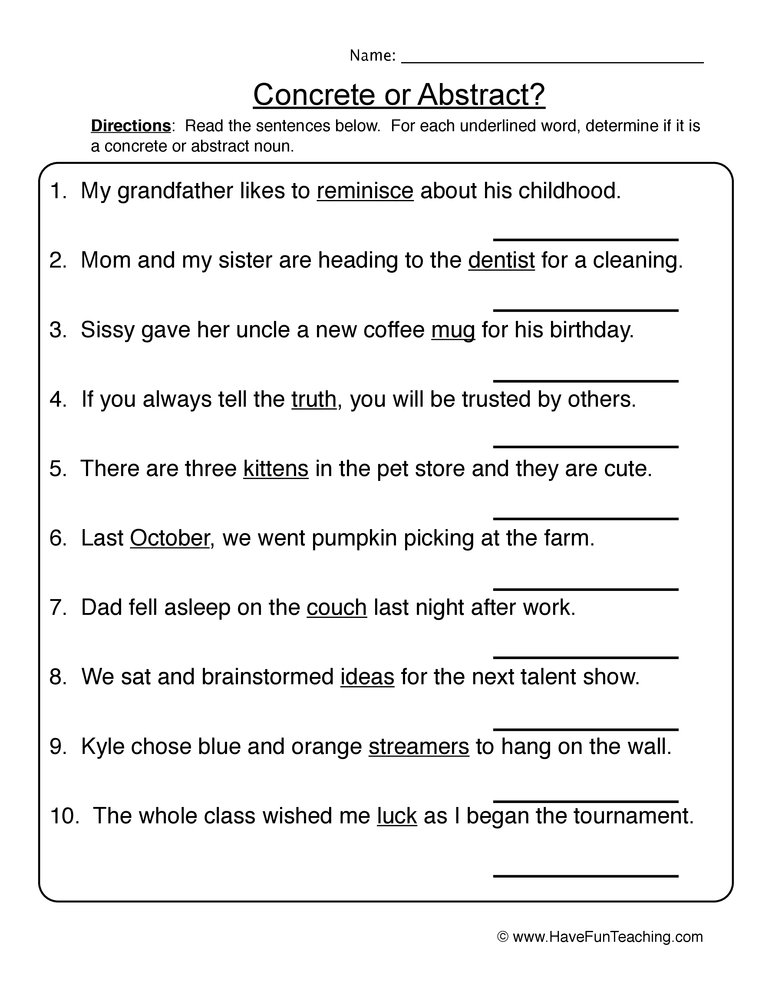 Common or Abstract Nouns Worksheet by Teach Simple