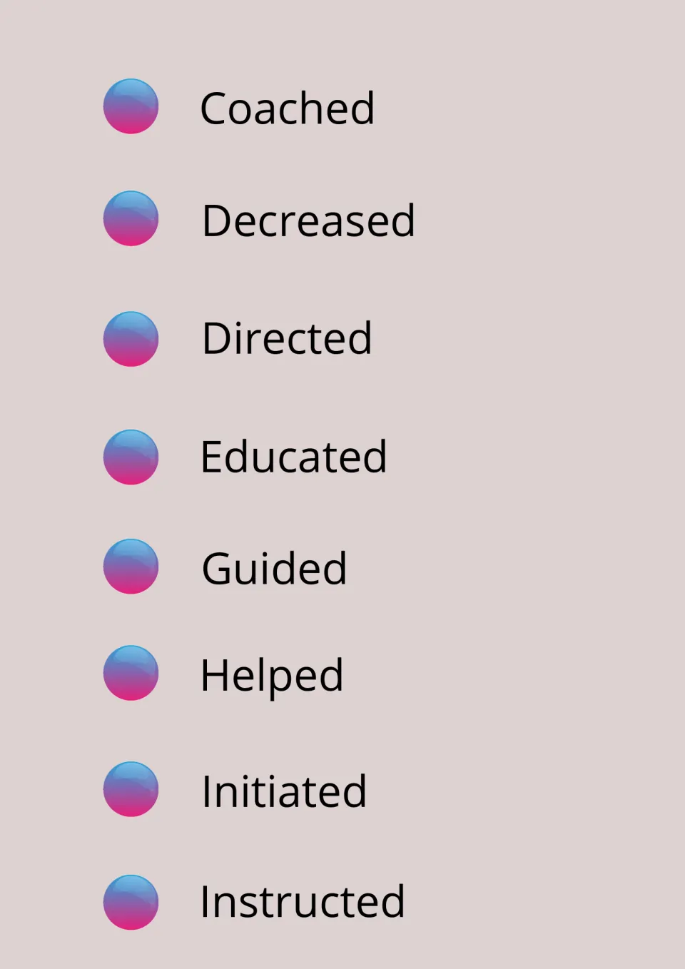 Therapist-action verbs for notes: coached, decreased, directed, educated, guided, helped, initiated and instructed