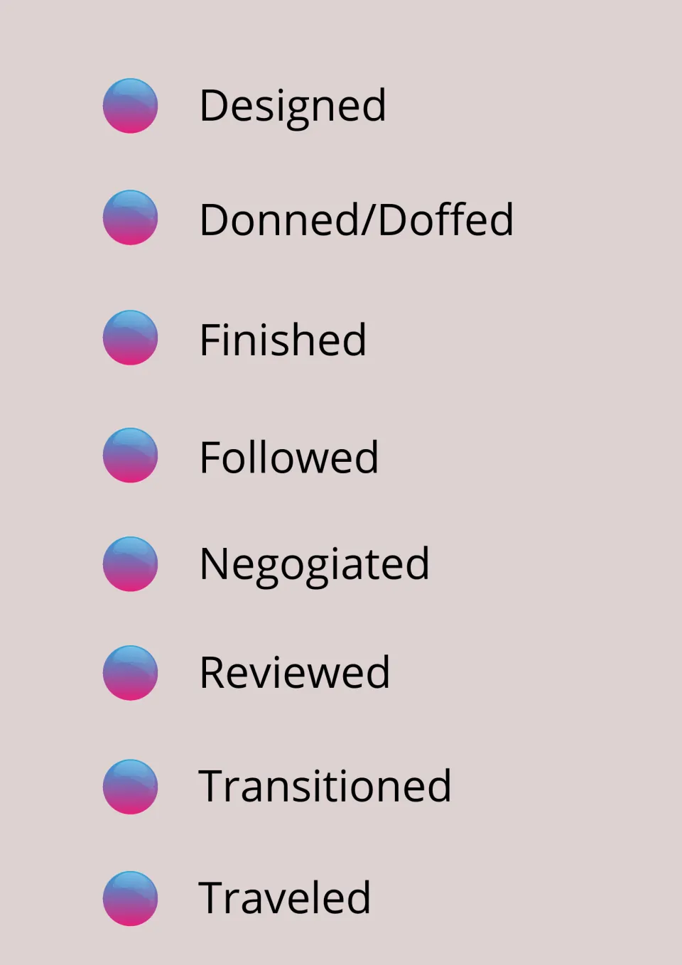 Activity verbs for daily notes: designed, donned/doffed, finished, followed, negotiated, reviewed, transitioned, traveled