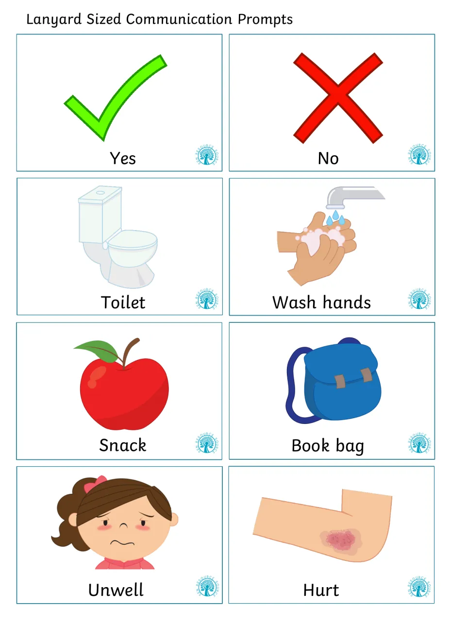 Lanyard-sized picture prompts for needs: yes, no, toilet, wash hands, snack, book bag, unwell and hurt, each with an icon