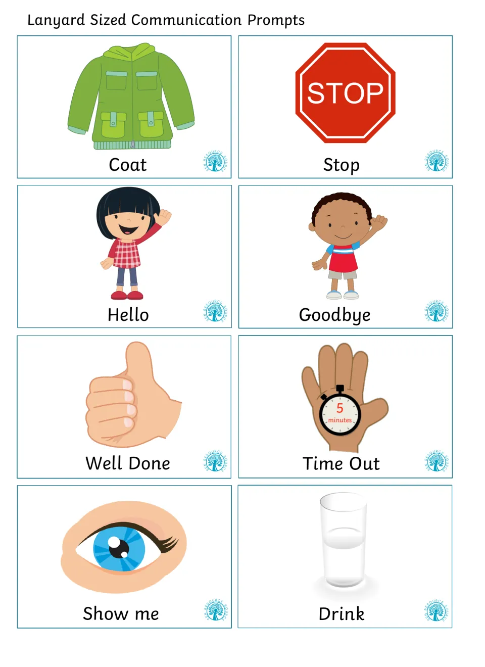 Lanyard-sized picture prompts for routines: coat, stop, hello, goodbye, well done, time out, show me and drink with icons
