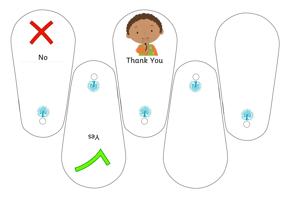 Yes, no and thank you fan cards with a red cross, a green tick and a child signing thanks, plus two blank cards