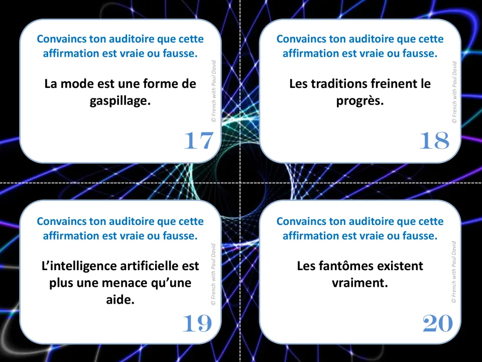 Speaking prompts 17-20: persuade the audience on fashion as waste, traditions and progress, AI as a threat, and ghosts