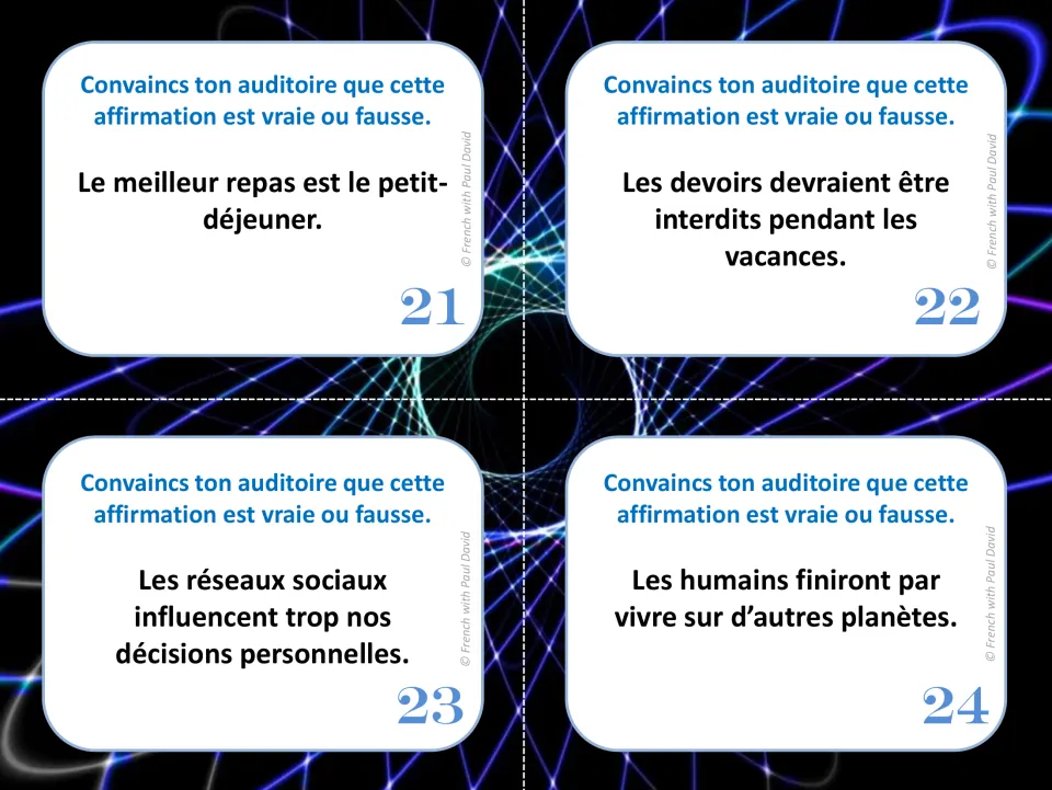 Cards 21-24: argue on breakfast as best meal, holiday homework bans, social media influence and living on other planets