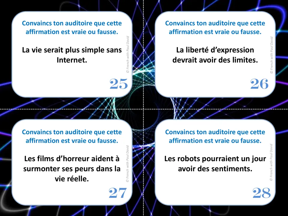 Cards 25-28: convince peers on life without Internet, limits on free speech, horror films and fears, robots with feelings