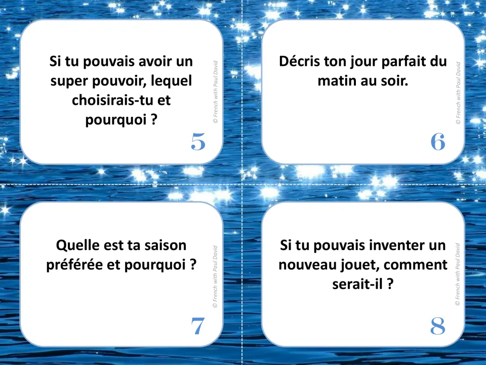 French oral communication cards 5–8: choosing a superpower, describing a perfect day, seasons, and a new toy
