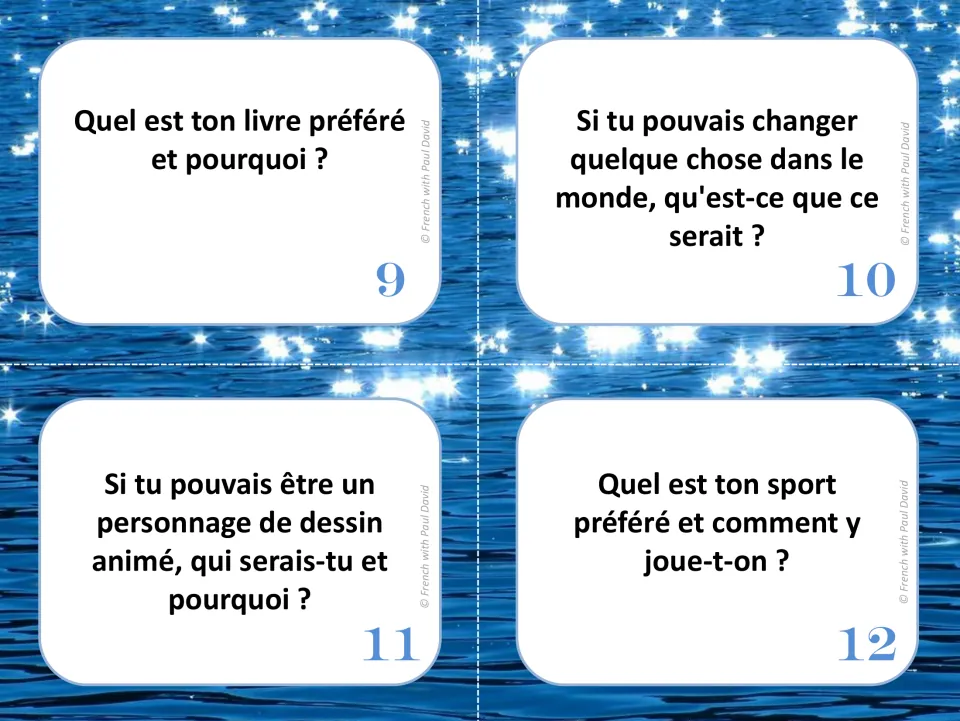 French oral communication cards 9–12: favorite books, changing the world, cartoon characters, and sports