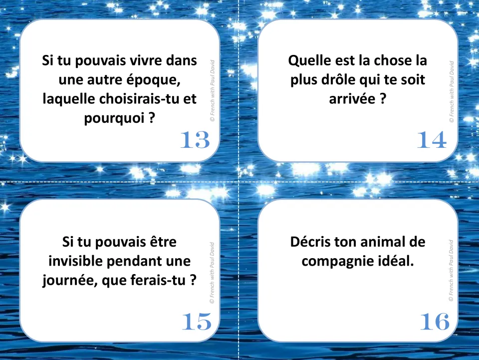 French oral communication cards 13–16: living in another era, a funny experience, invisibility, and ideal pets