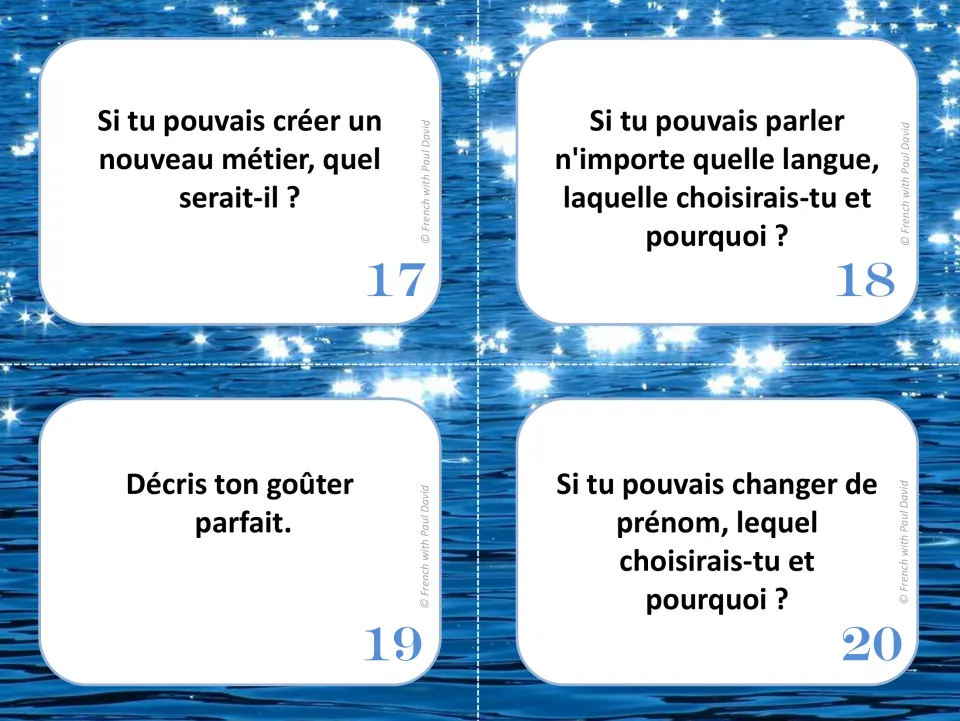 French oral communication cards 17–20: inventing a job, choosing a language, a perfect snack, and a new name