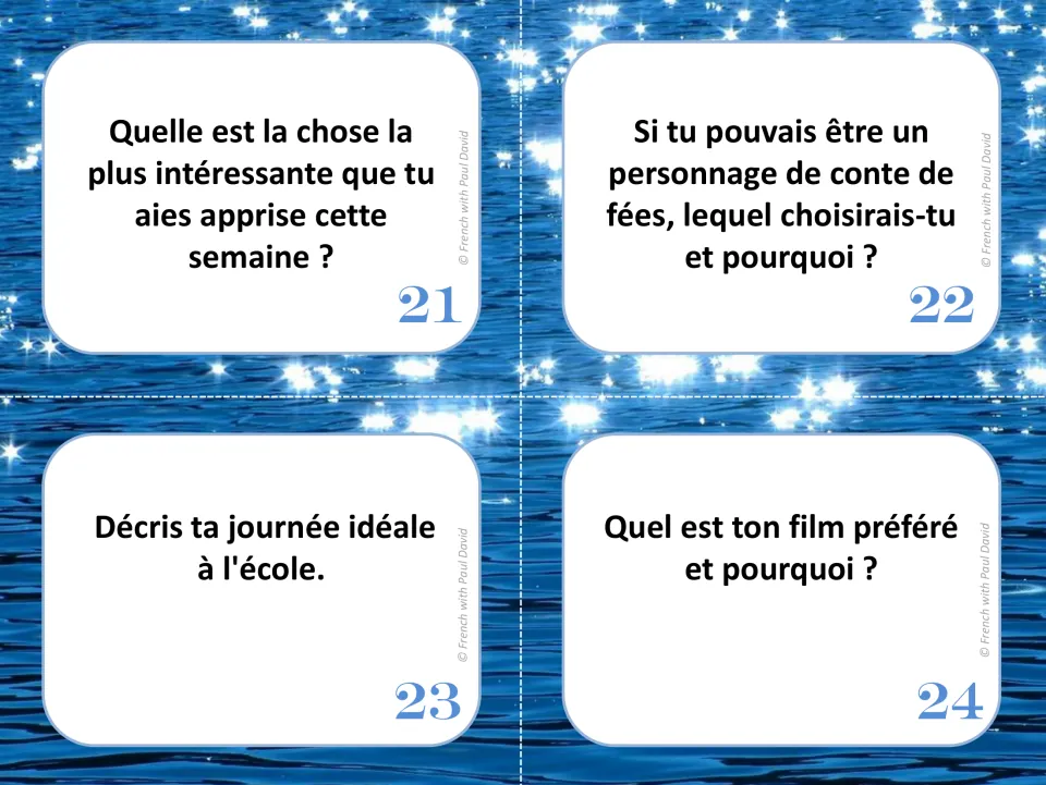 French oral communication cards 21–24: recent learning, fairy-tale characters, an ideal school day, and movies