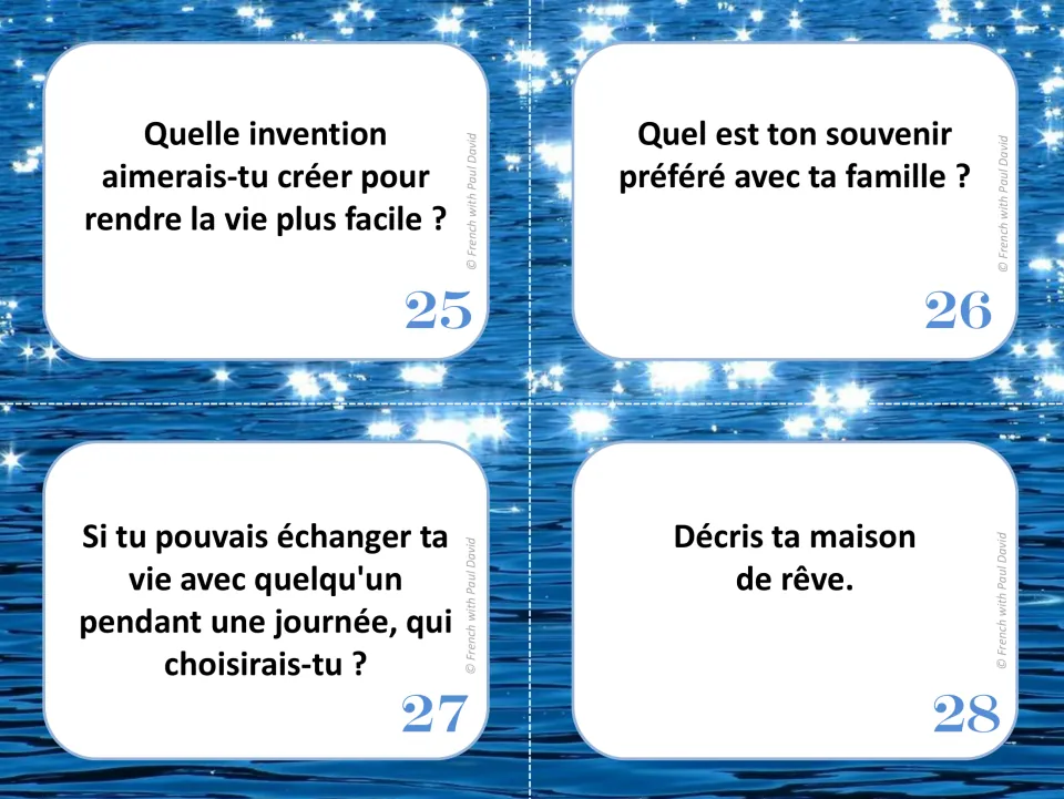 French oral communication cards 25–28: useful inventions, family memories, swapping lives, and a dream home