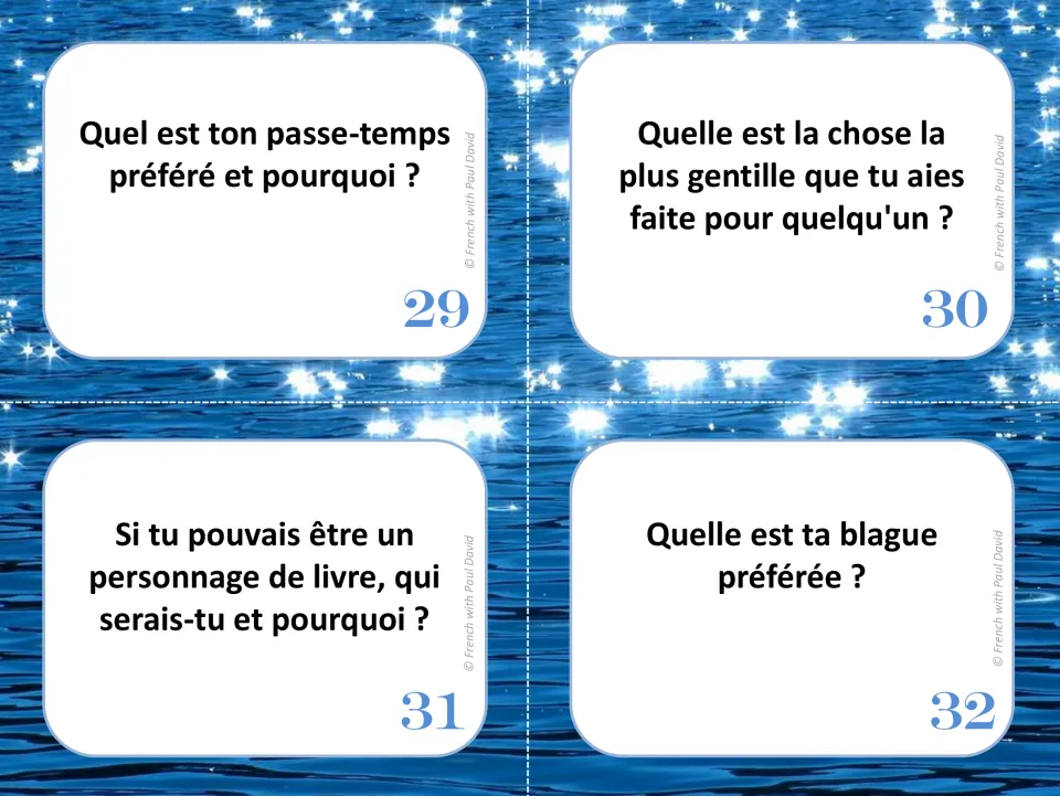 French oral communication cards 29–32: favorite hobbies, acts of kindness, book characters, and favorite jokes