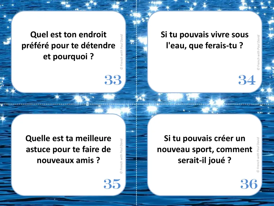 French oral communication cards 33–36: relaxing places, living underwater, making friends, and a new sport