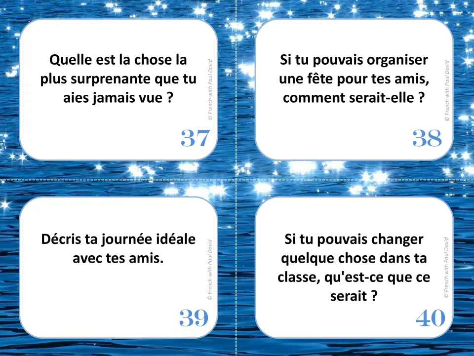 French oral communication cards 37–40: surprising sights, planning a party, a day with friends, and class changes