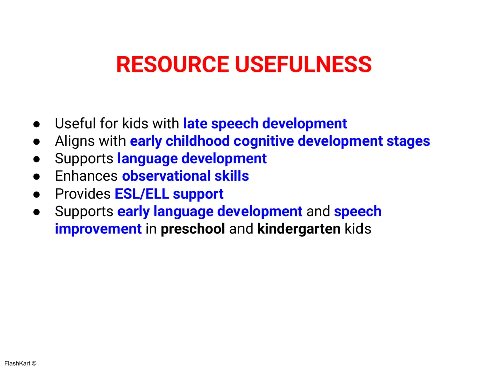 Resource Usefulness list: seller's bullet points on speech, language and ESL/ELL support offered by the picture cards