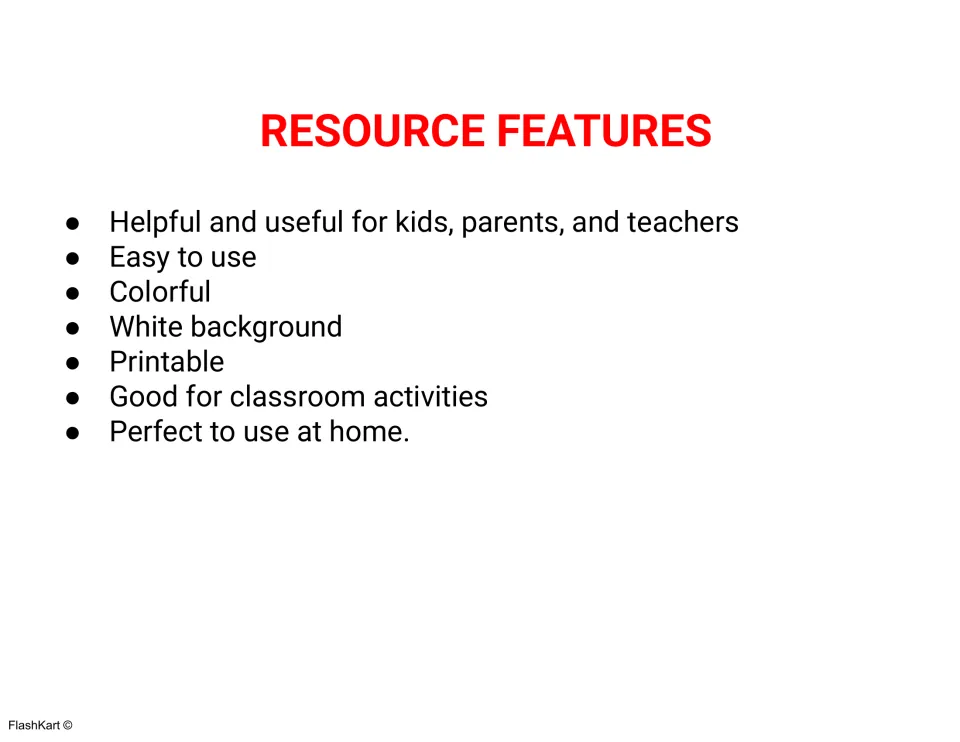 Resource Features list: printable, colorful cards on a white background for classroom activities and home use