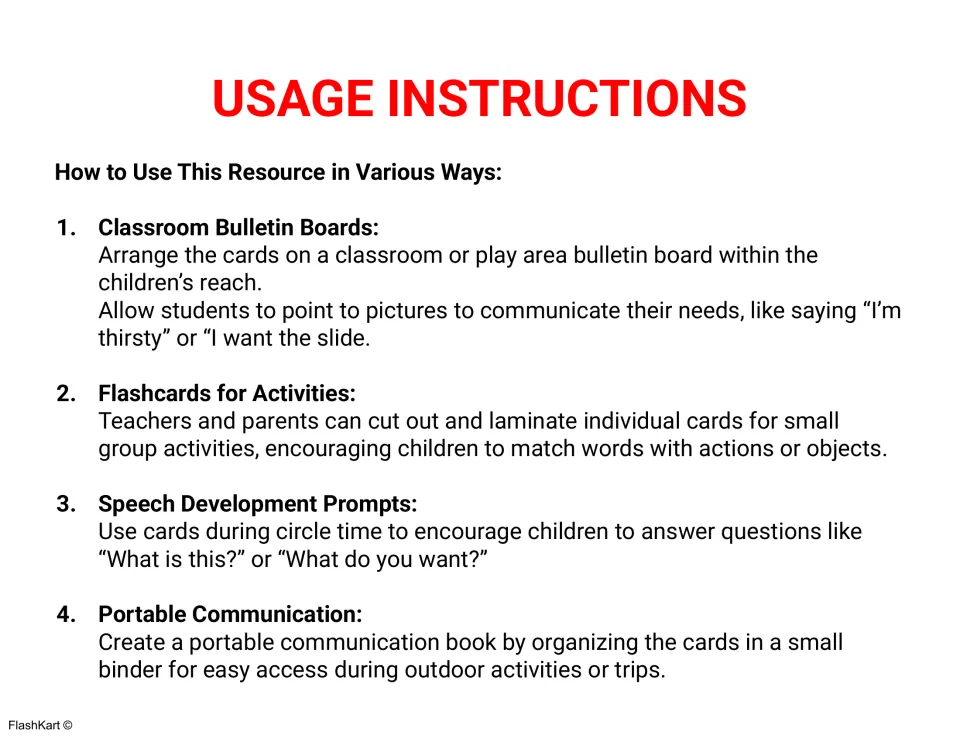 Usage instructions: use the cards on a bulletin board, as flashcards, as circle-time prompts or in a binder book