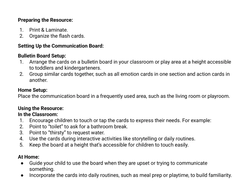 Setup steps: print, laminate and group cards on a board at child height; children point to toilet or thirsty to ask
