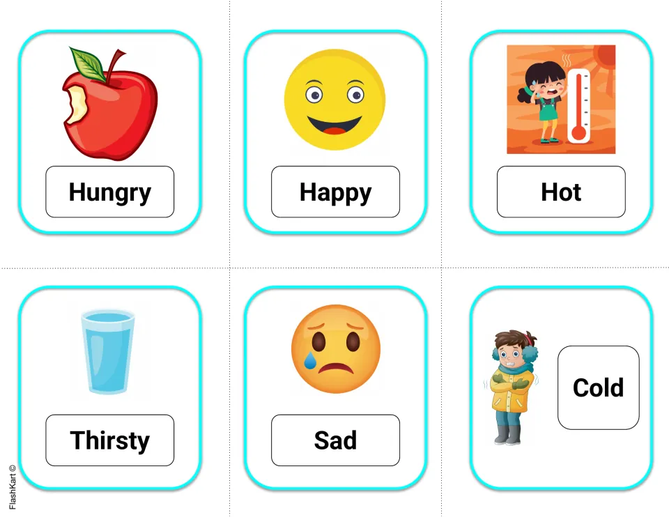 Feelings and needs cards: Hungry with an apple, Happy, Hot, Thirsty with a glass of water, Sad and Cold