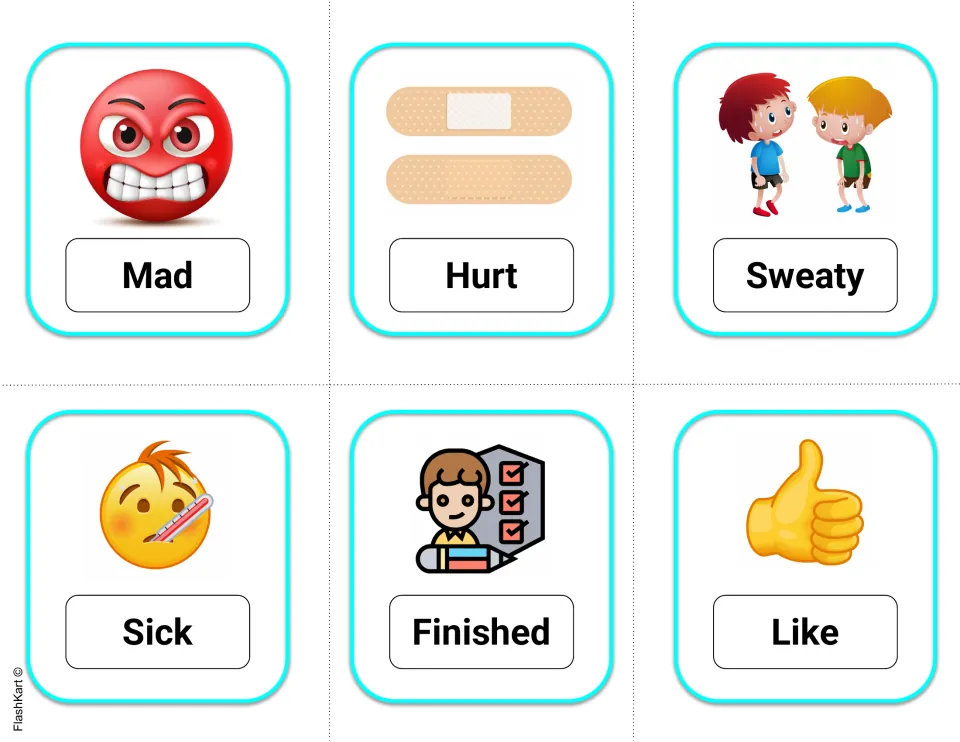 More feeling cards: Mad, Hurt with bandages, Sweaty, Sick with a thermometer, Finished and Like with a thumbs-up