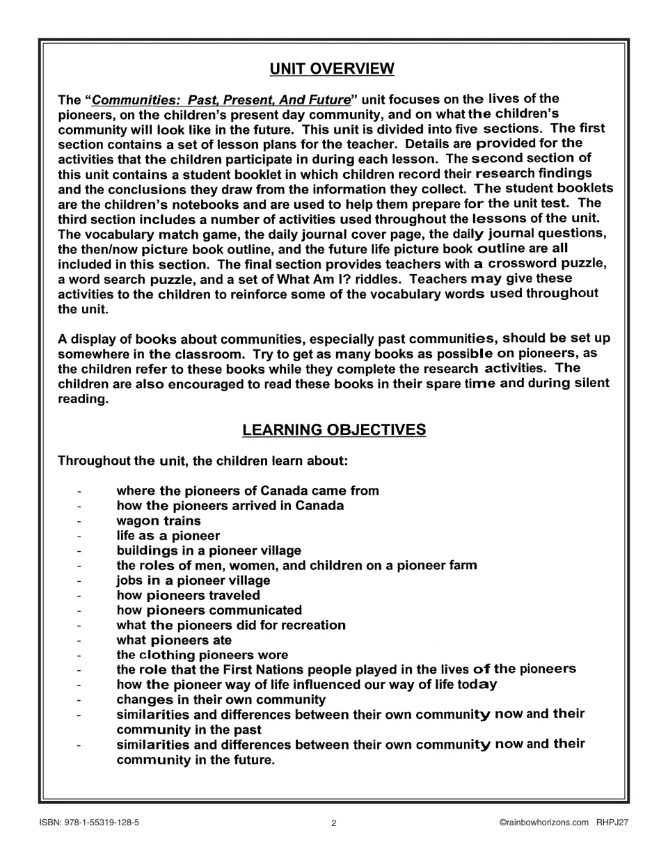 Unit overview outlining teacher lessons, student research booklets, activities, and community learning objectives