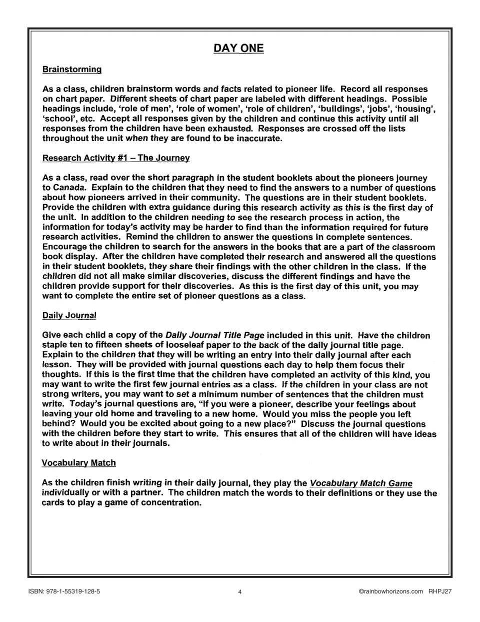Day One lesson plan: pioneer journey to Canada research, a journal about leaving home, and vocabulary matching