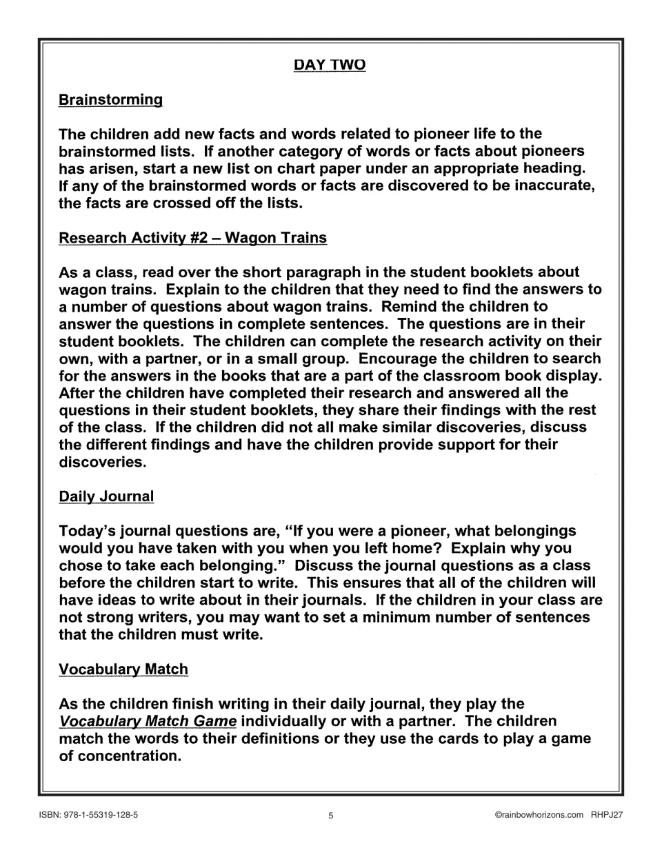 Day Two lesson plan: wagon train research, a journal about belongings to take from home, and vocabulary matching
