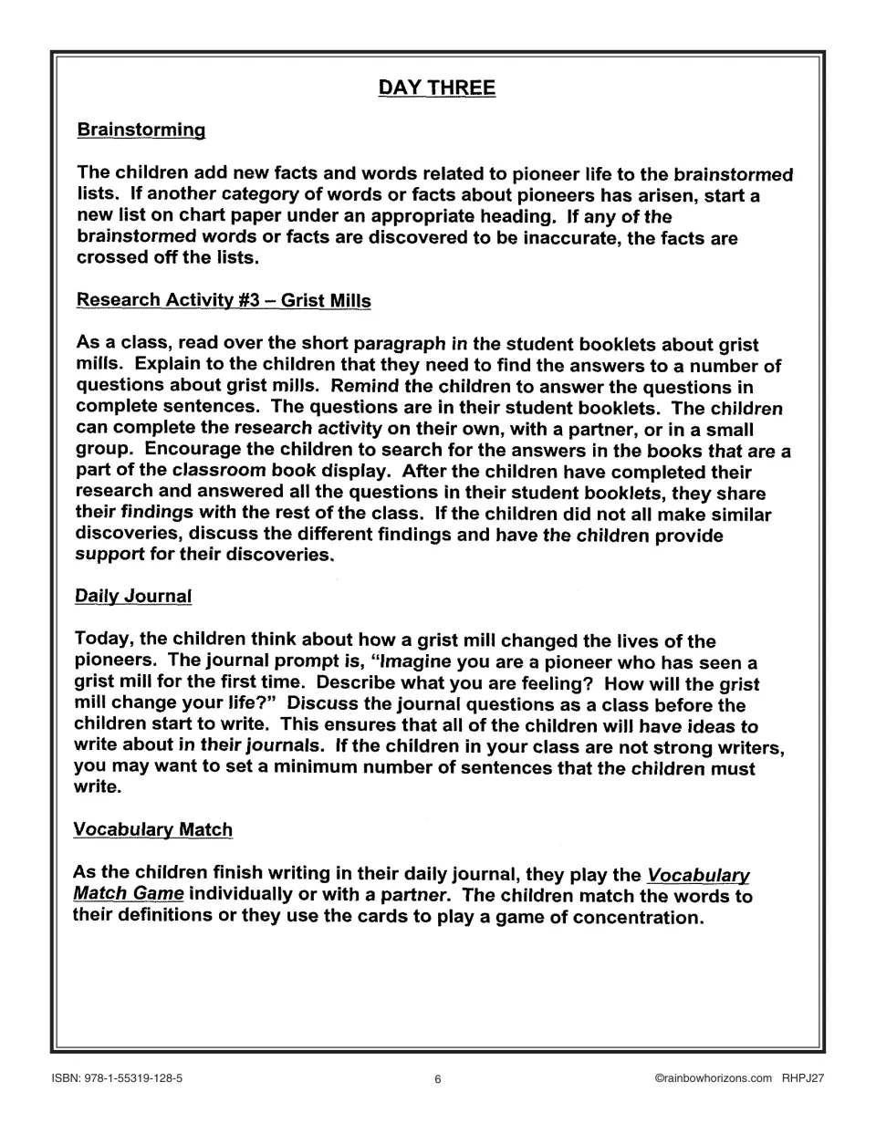 Day Three lesson plan: grist mill research, a journal about how mills changed pioneer life, and vocabulary matching